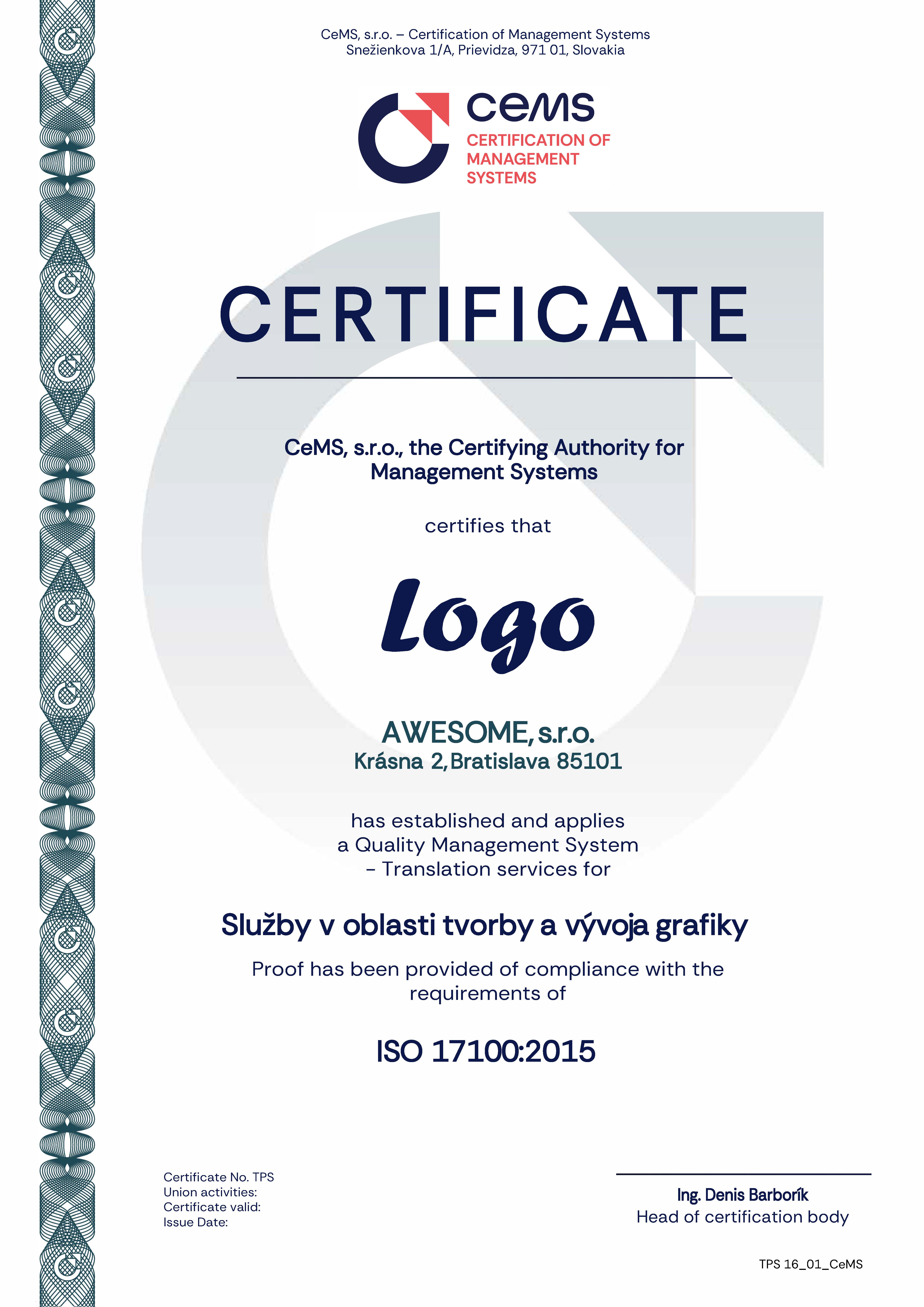 Certificate ISO 17100 by CeMS